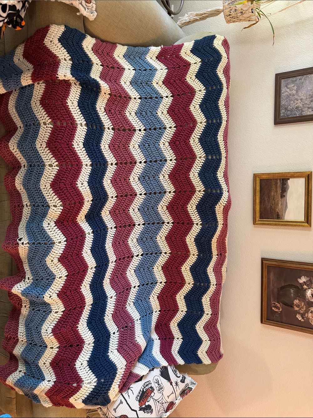 Handmade pink, blue, and cream blanket